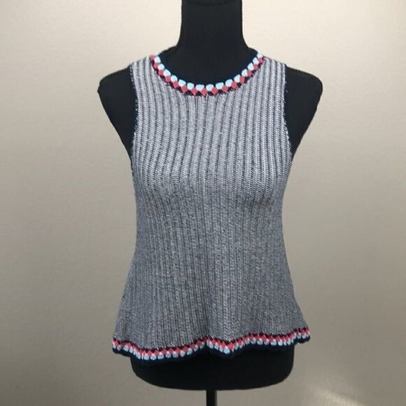 THML Sleeveless Sweater Top Blue/White Stripe Knit Crochet Round Collar Cotton S - Picture 3 of 12